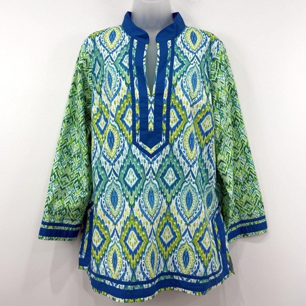 Nicoblu Tunic Top L Nicobar Jungle Green Ikat Resort Preppy Beachy Coastal